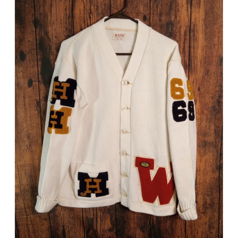 Vintage Sand Knit Letterman Cardigan Sweater Cream Varsity Chenille Patches 42